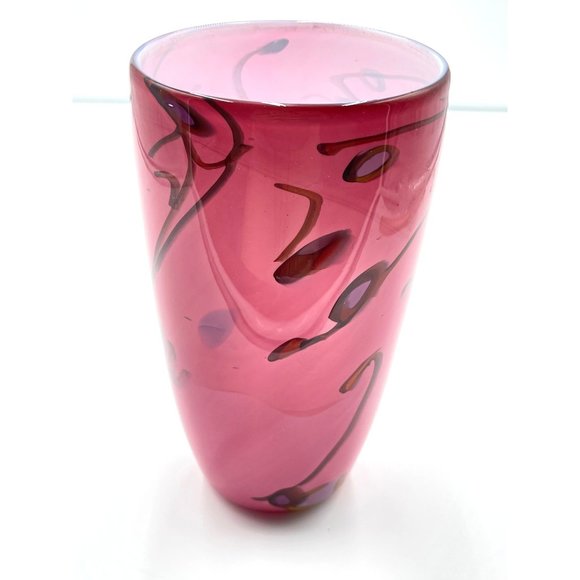 Pink Blown Glass Vase Drizzle Swiral Studio Art Signed Centerpeice Vintage